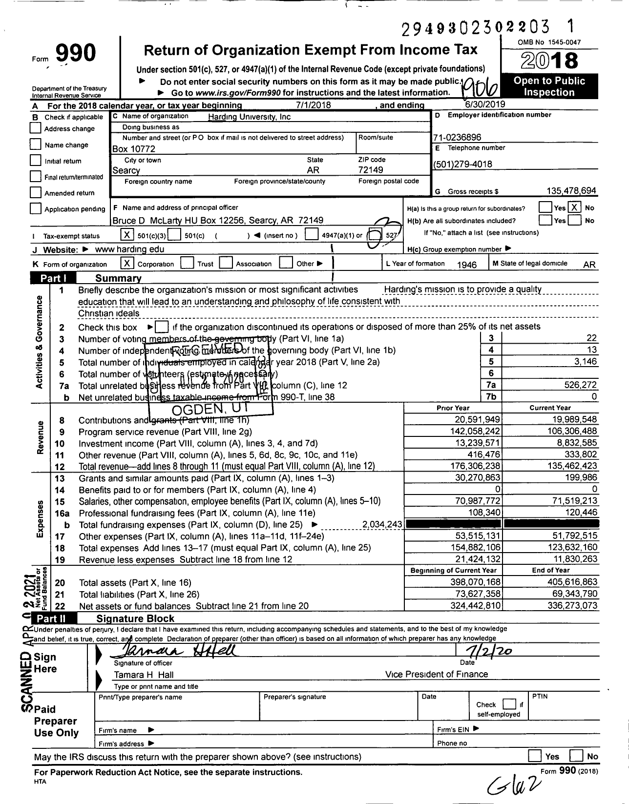 Image of first page of 2018 Form 990 for Harding University