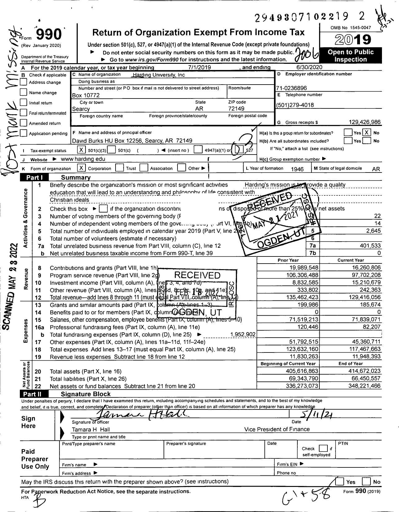 Image of first page of 2019 Form 990 for Harding University
