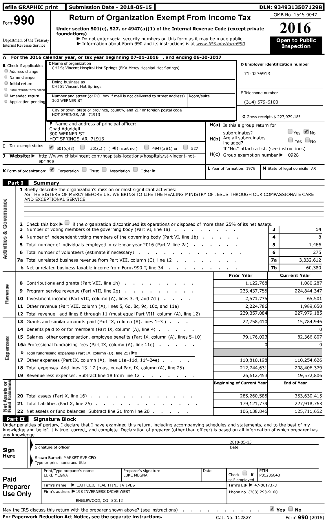 Image of first page of 2016 Form 990 for Chi St Vincent Hospital Hot Springs