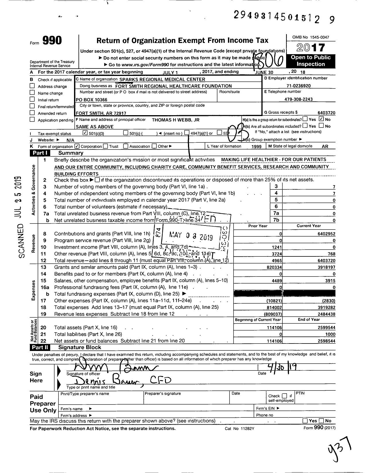 Image of first page of 2017 Form 990 for Fort Smith Regional Healthcare Foundation / Sparks Regional Medical Center