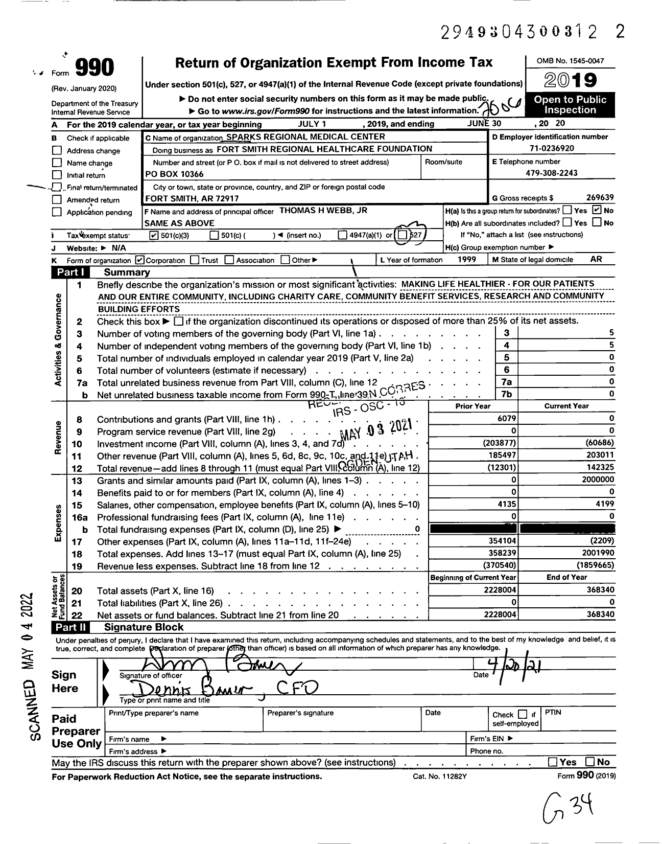 Image of first page of 2019 Form 990 for Fort Smith Regional Healthcare Foundation / Sparks Regional Medical Center