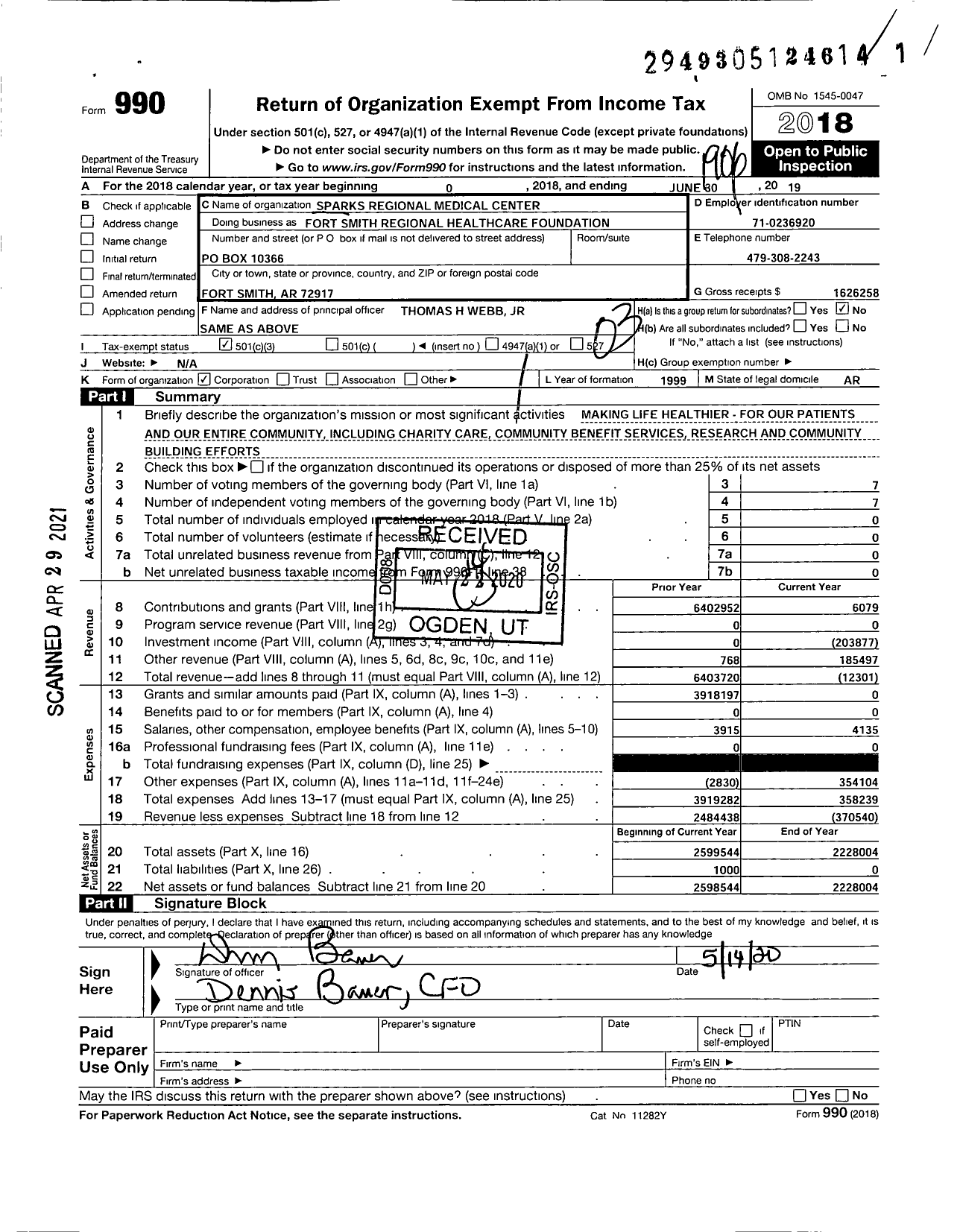 Image of first page of 2018 Form 990 for Fort Smith Regional Healthcare Foundation / Sparks Regional Medical Center