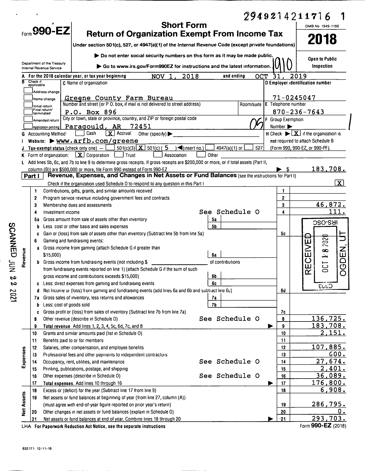 Image of first page of 2018 Form 990EO for Greene County Farm Bureau