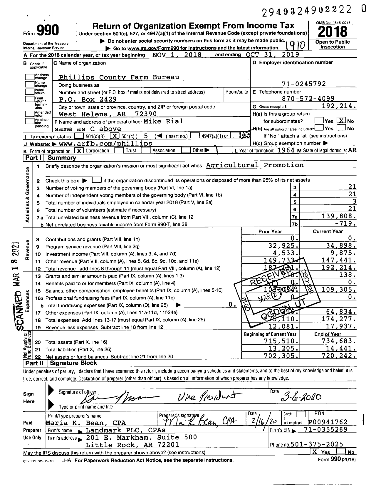 Image of first page of 2018 Form 990O for Phillips County Farm Bureau