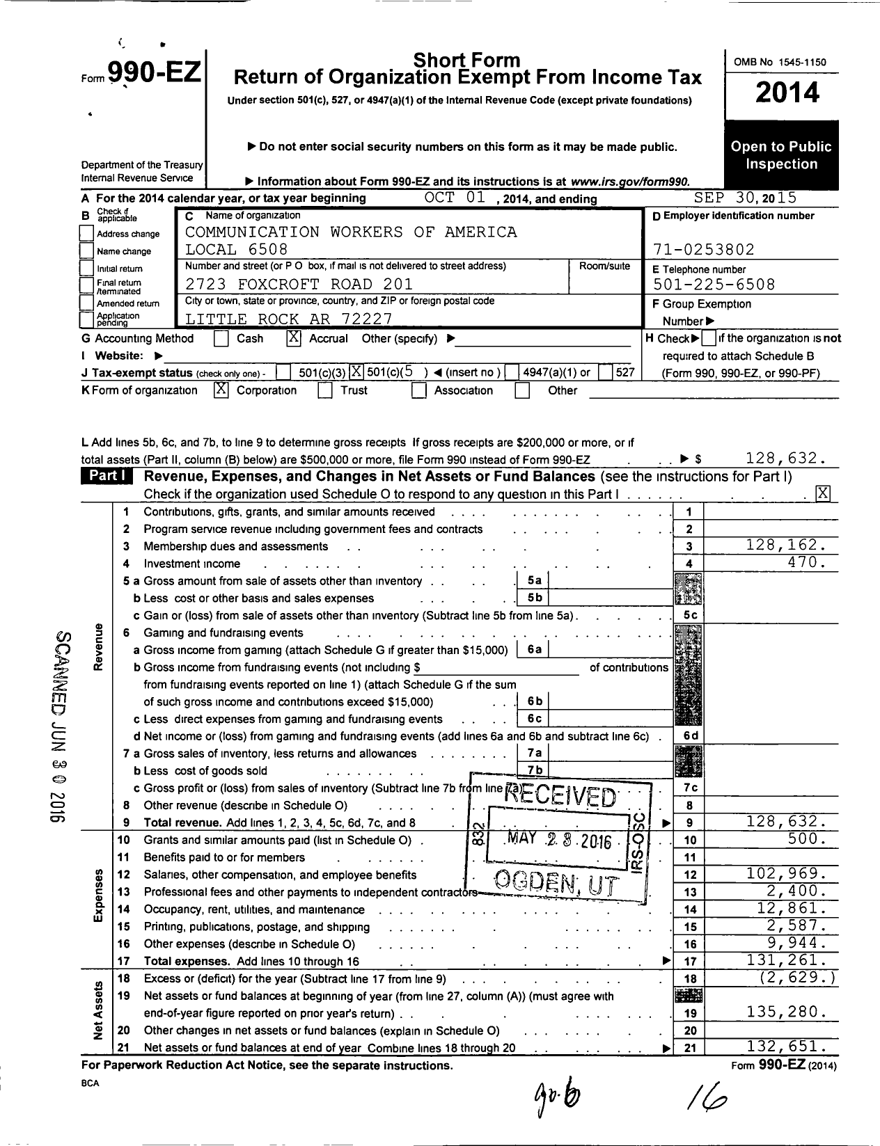 Image of first page of 2014 Form 990EO for Communications Workers of America - 6508 Local Cwa