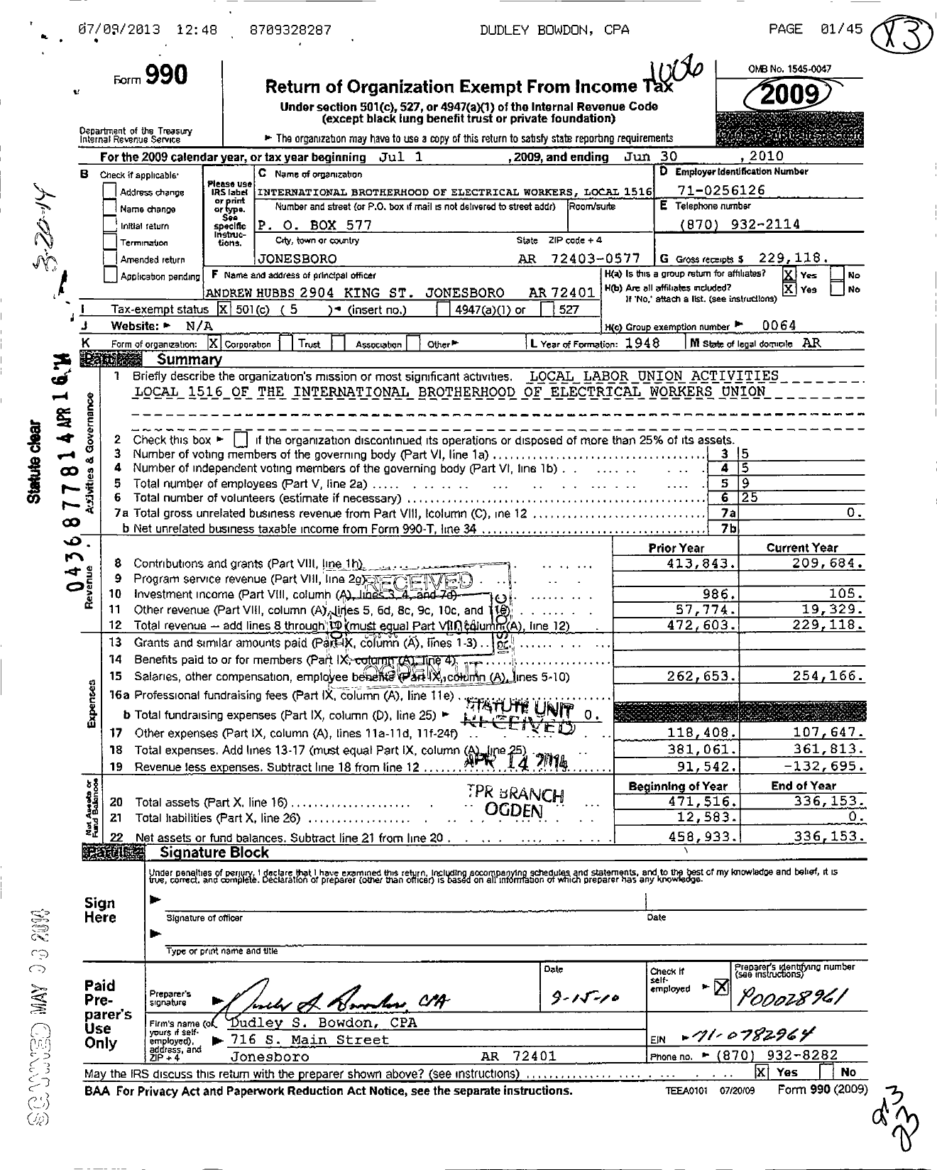 Image of first page of 2009 Form 990O for International Brotherhood of Electrical Workers Local 1516