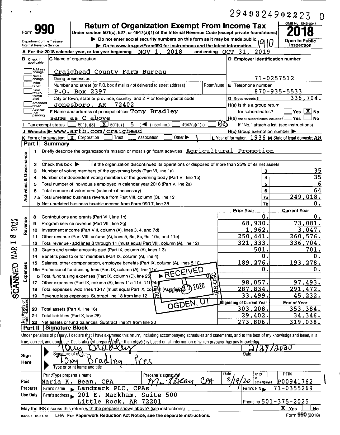 Image of first page of 2018 Form 990O for Craighead County Farm Bureau