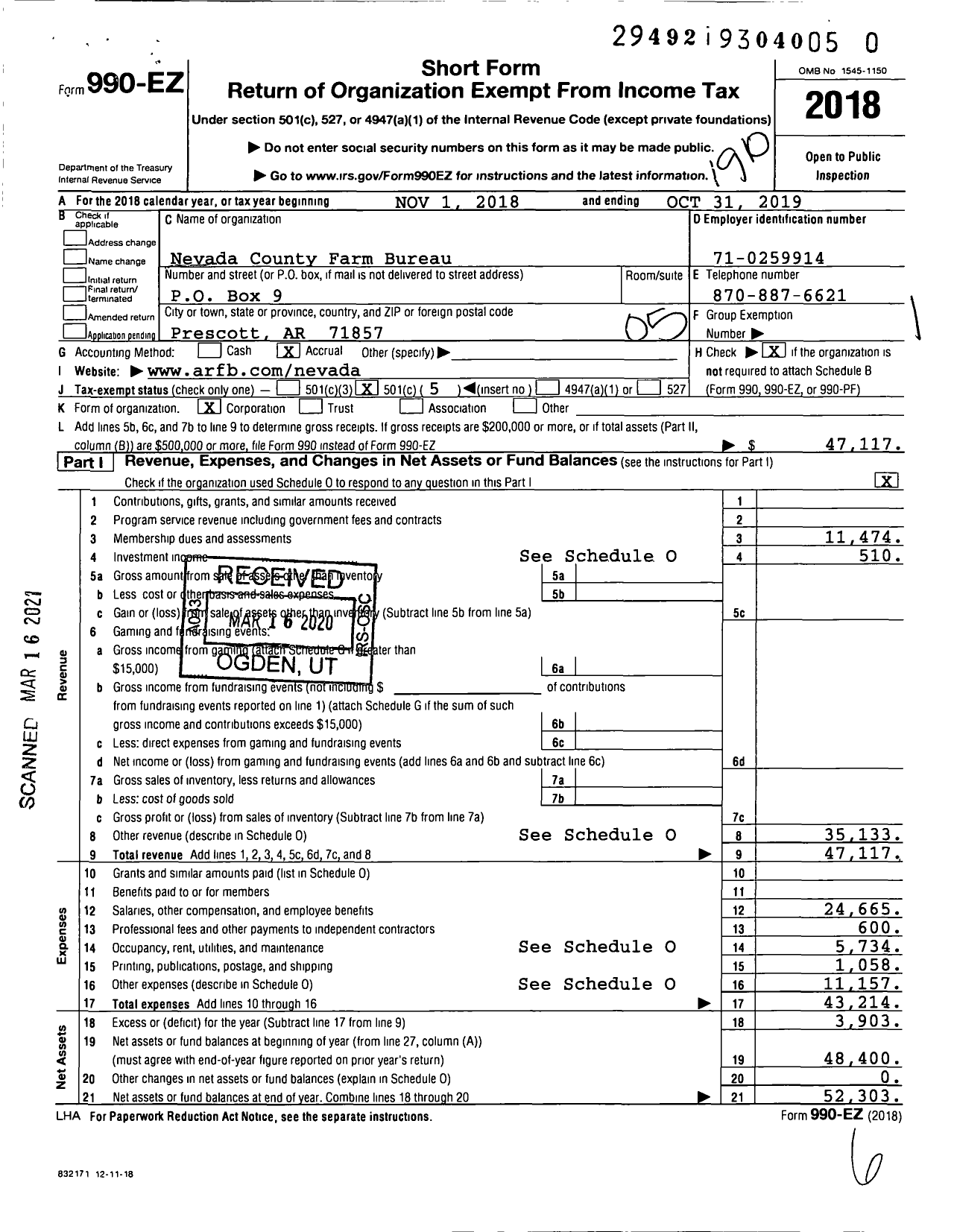 Image of first page of 2018 Form 990EO for Nevada County Farm Bureau