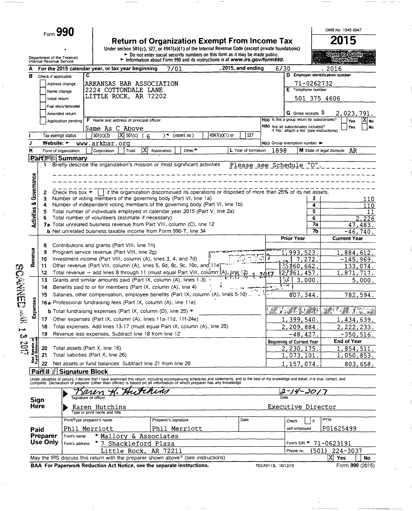 Image of first page of 2015 Form 990O for Arkansas Bar Association