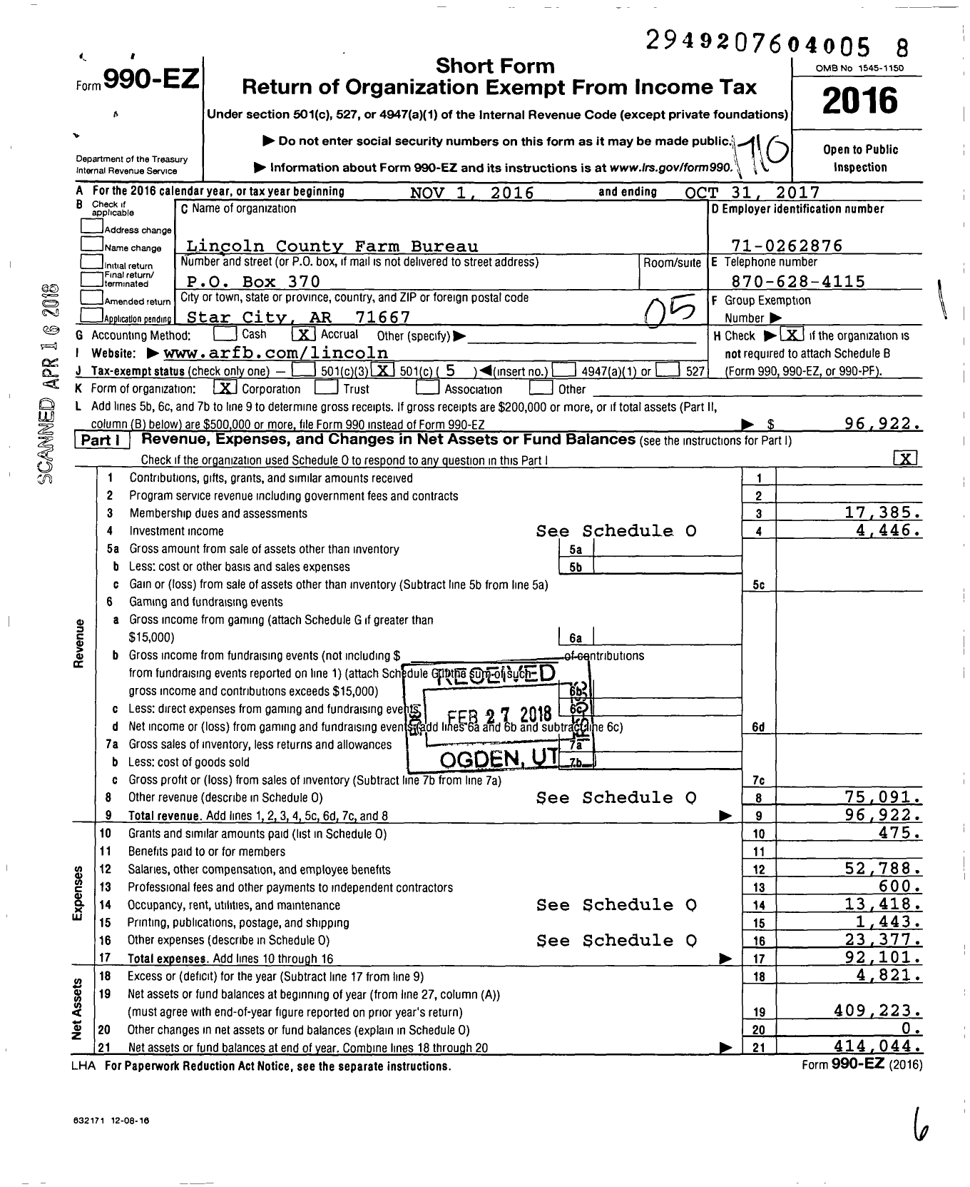 Image of first page of 2016 Form 990EO for Lincoln County Farm Bureau