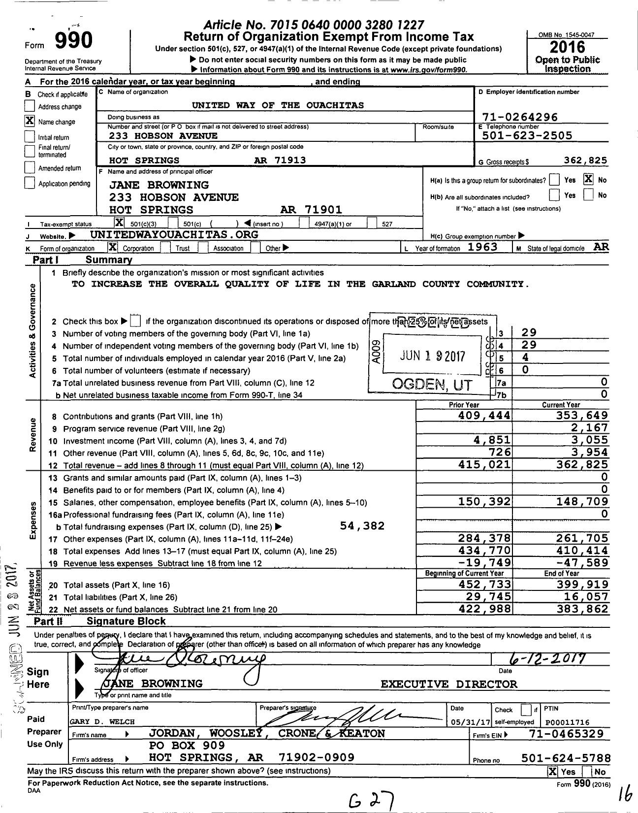 Image of first page of 2016 Form 990 for United Way of the Ouachitas