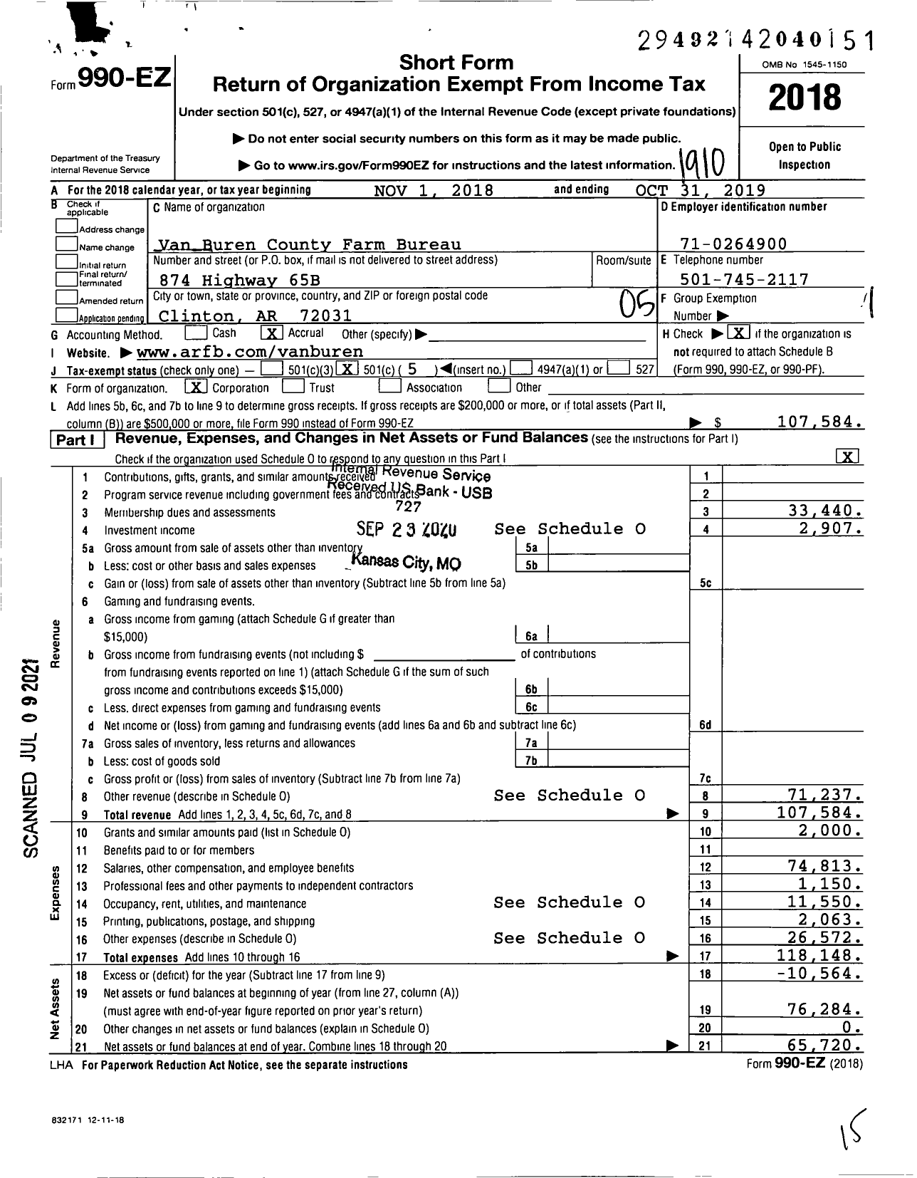 Image of first page of 2018 Form 990EO for Van Buren County Farm Bureau