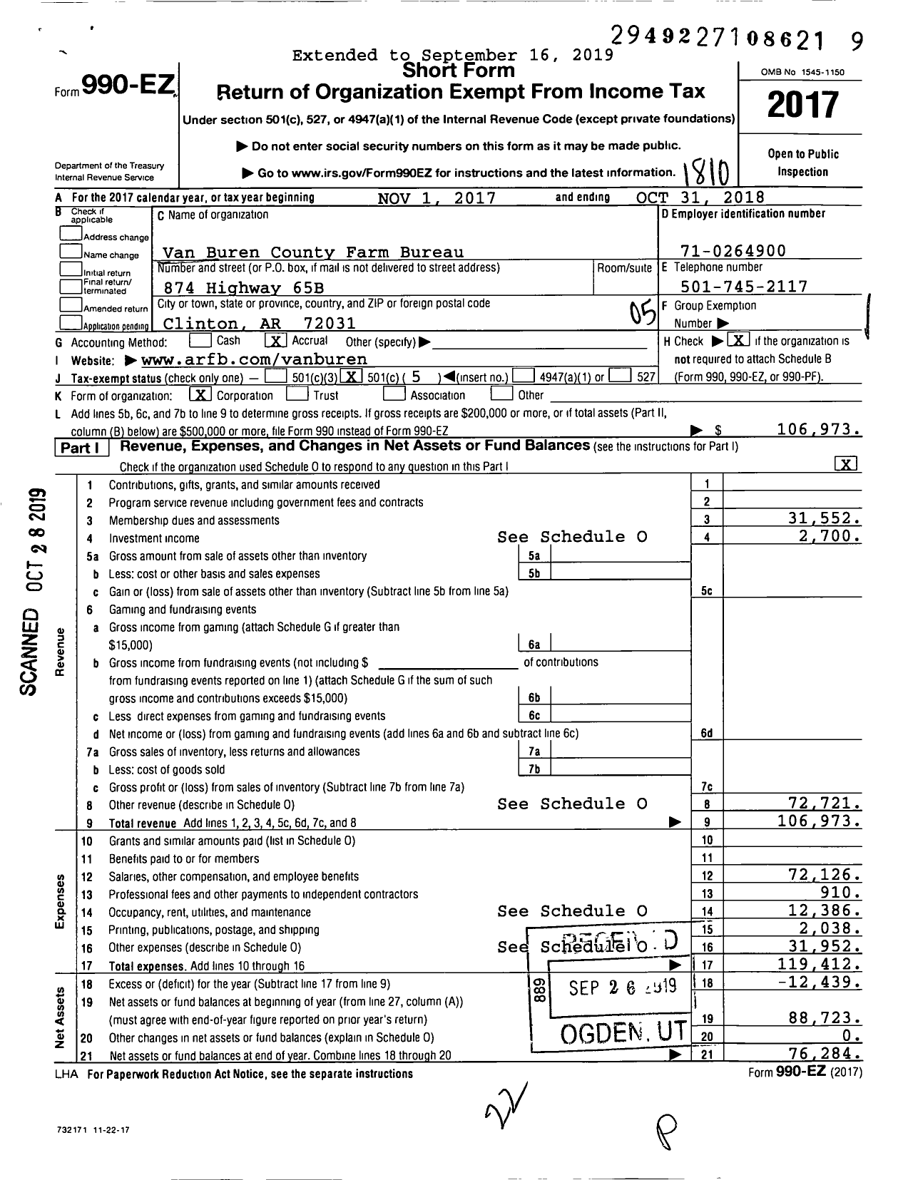 Image of first page of 2017 Form 990EO for Van Buren County Farm Bureau