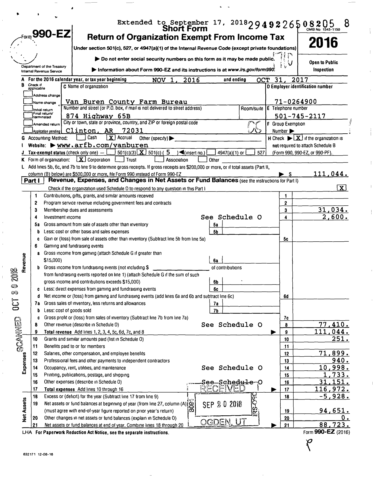 Image of first page of 2016 Form 990EO for Van Buren County Farm Bureau