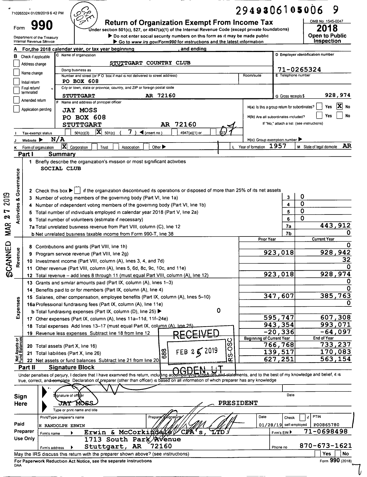 Image of first page of 2018 Form 990O for Stuttgart Country Club