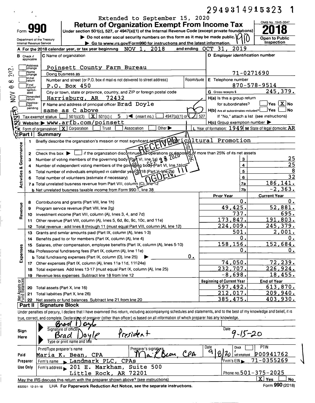 Image of first page of 2018 Form 990O for Poinsett County Farm Bureau