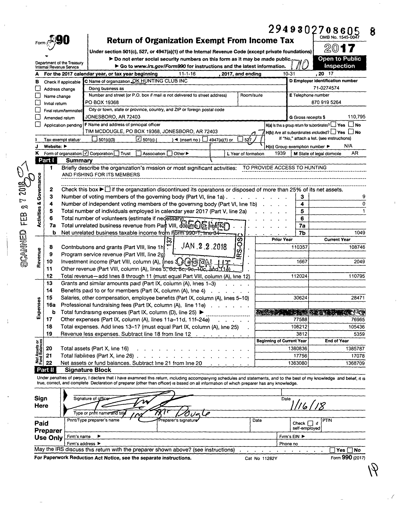Image of first page of 2016 Form 990O for Ok Hunting Club