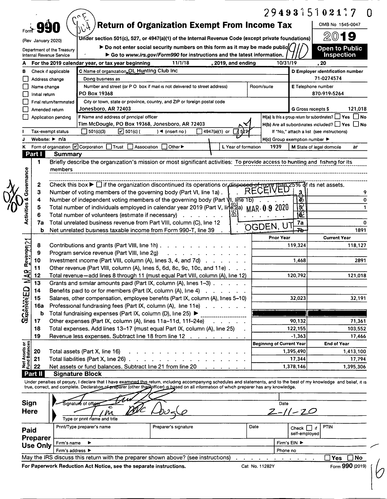 Image of first page of 2018 Form 990O for Ok Hunting Club