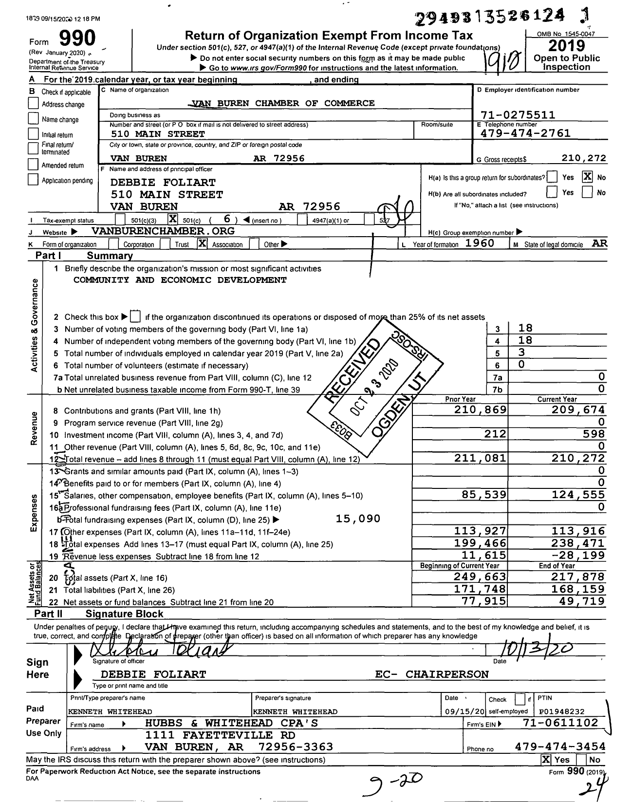 Image of first page of 2019 Form 990O for Van Buren Chamber of Commerce