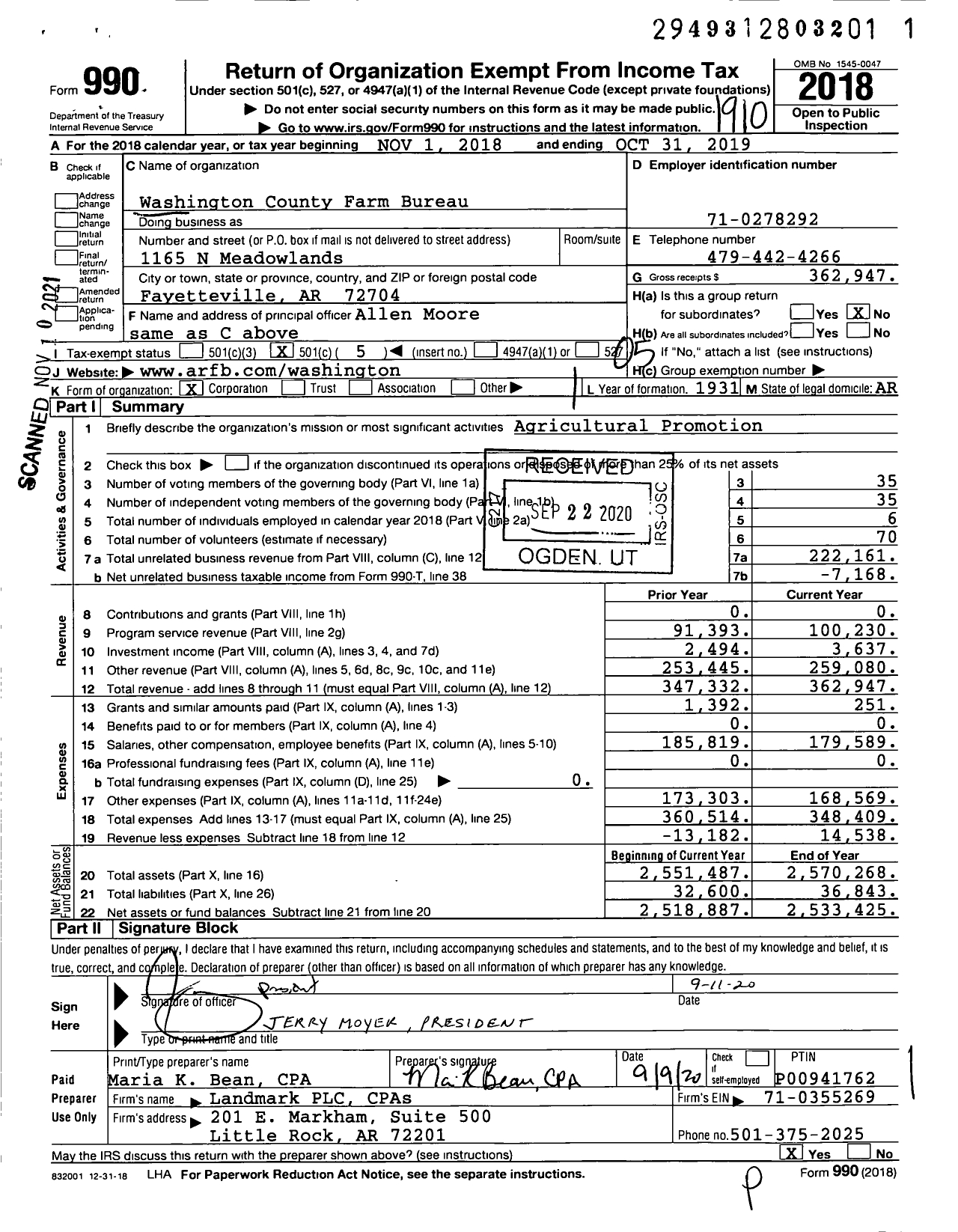 Image of first page of 2018 Form 990O for Washington County Farm Bureau