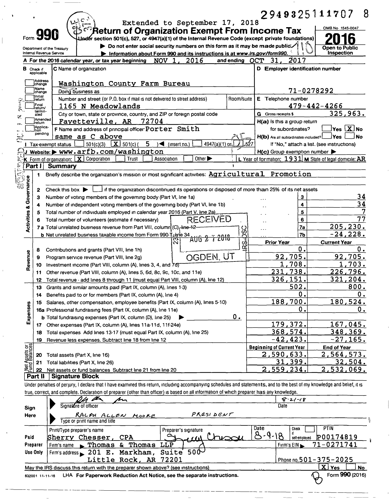 Image of first page of 2016 Form 990O for Washington County Farm Bureau