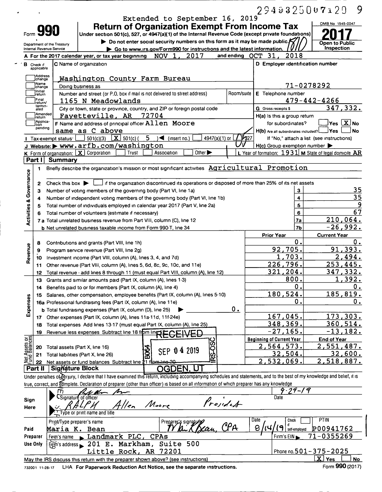 Image of first page of 2017 Form 990O for Washington County Farm Bureau