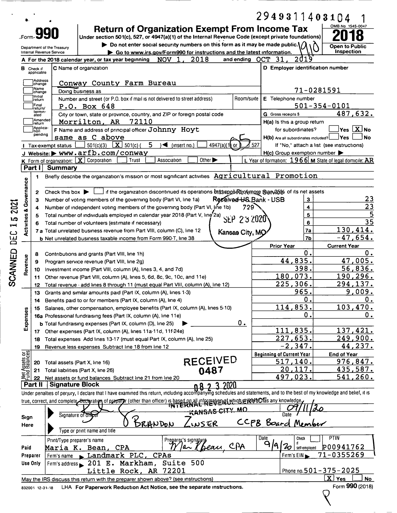 Image of first page of 2018 Form 990O for Conway County Farm Bureau