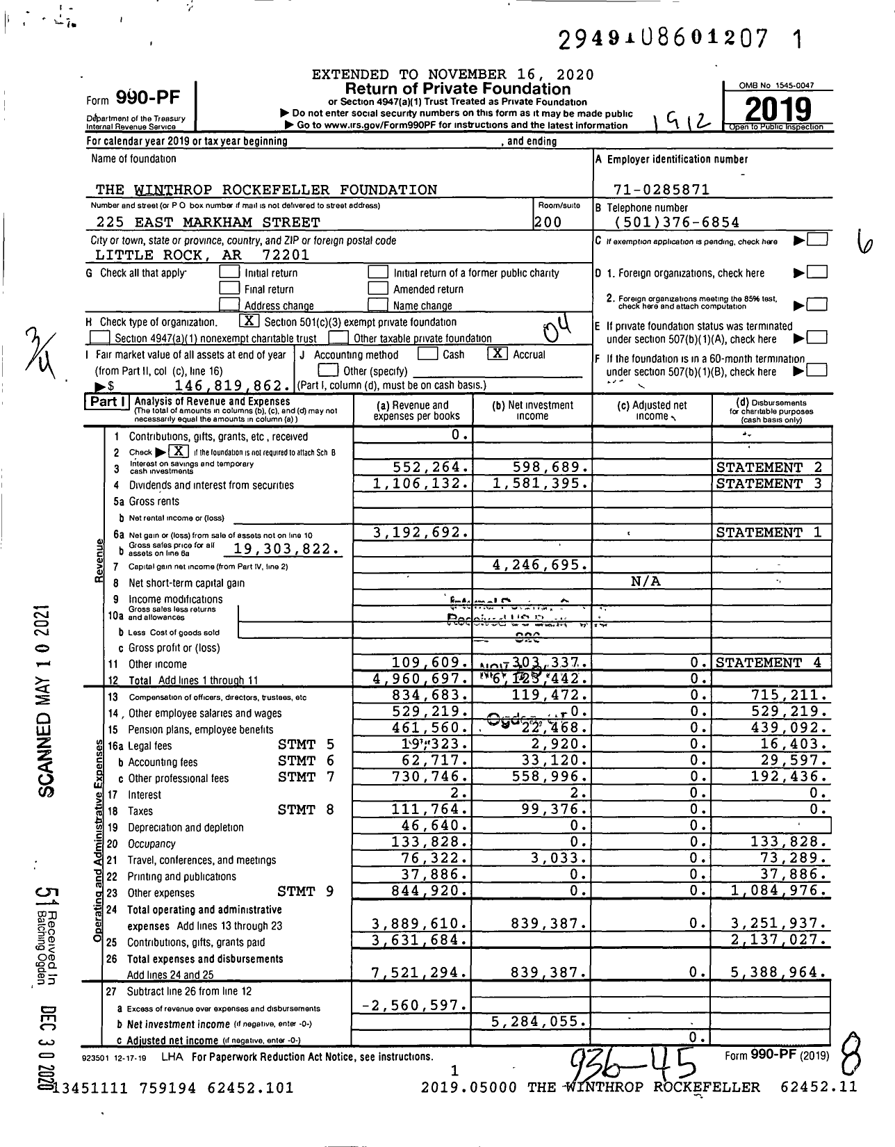 Image of first page of 2019 Form 990PF for The Winthrop Rockefeller Foundation