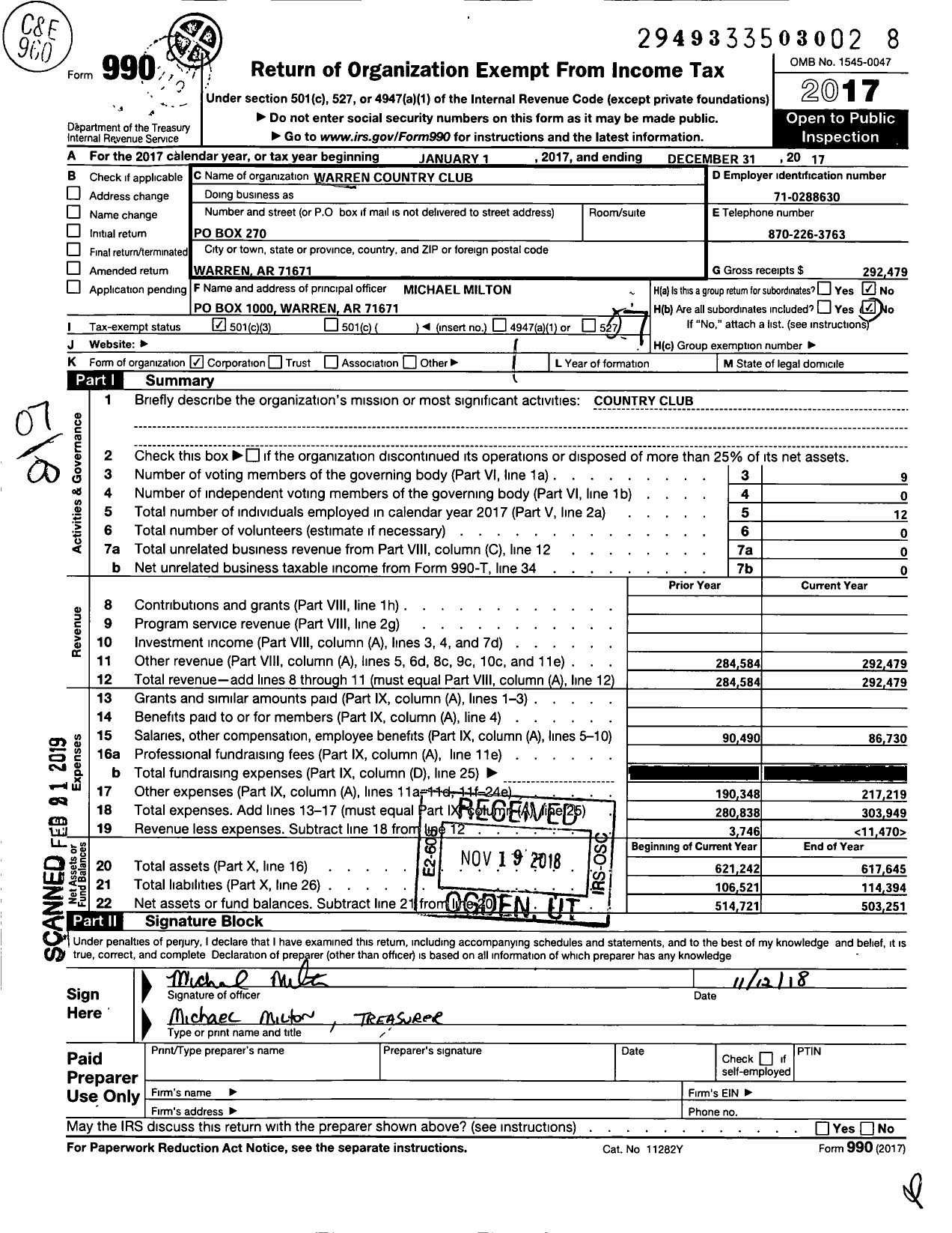 Image of first page of 2017 Form 990O for Warren Country Club