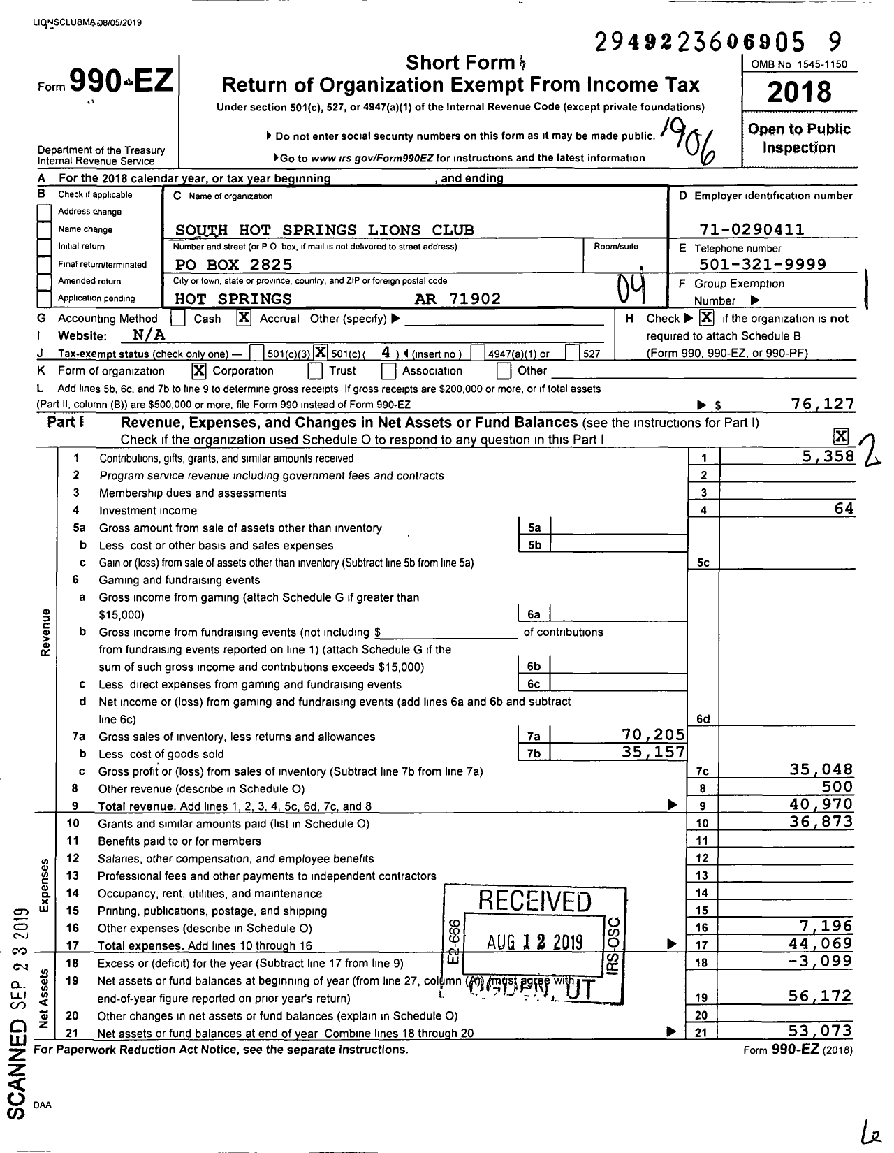 Image of first page of 2018 Form 990EO for Lions Clubs - South Hot Springs