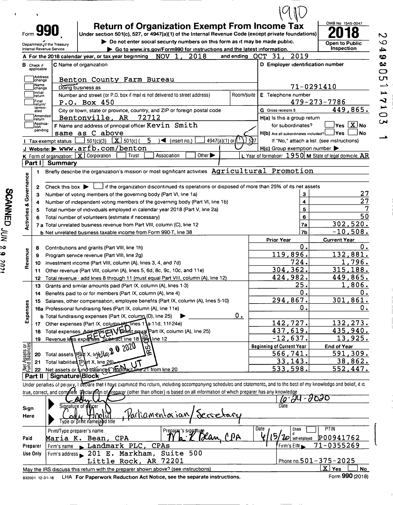 Image of first page of 2018 Form 990O for Benton County Farm Bureau