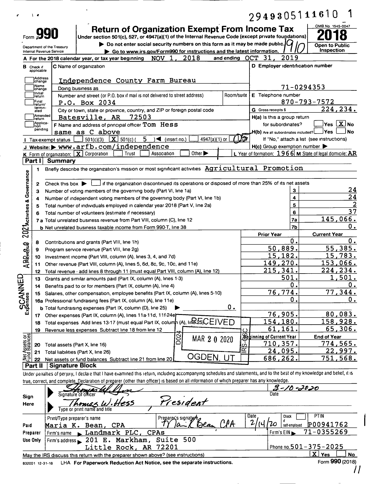 Image of first page of 2018 Form 990O for Independence County Farm Bureau