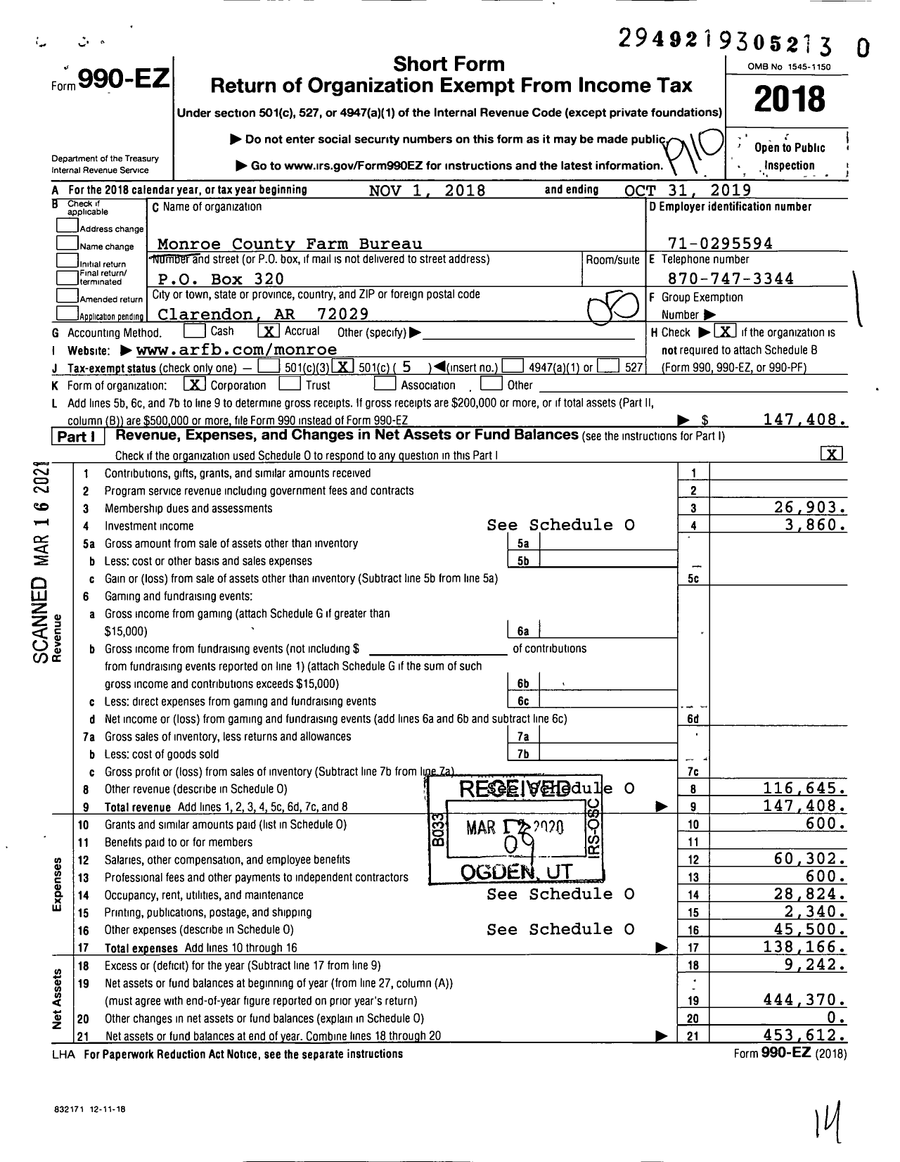 Image of first page of 2018 Form 990EO for Monroe County Farm Bureau