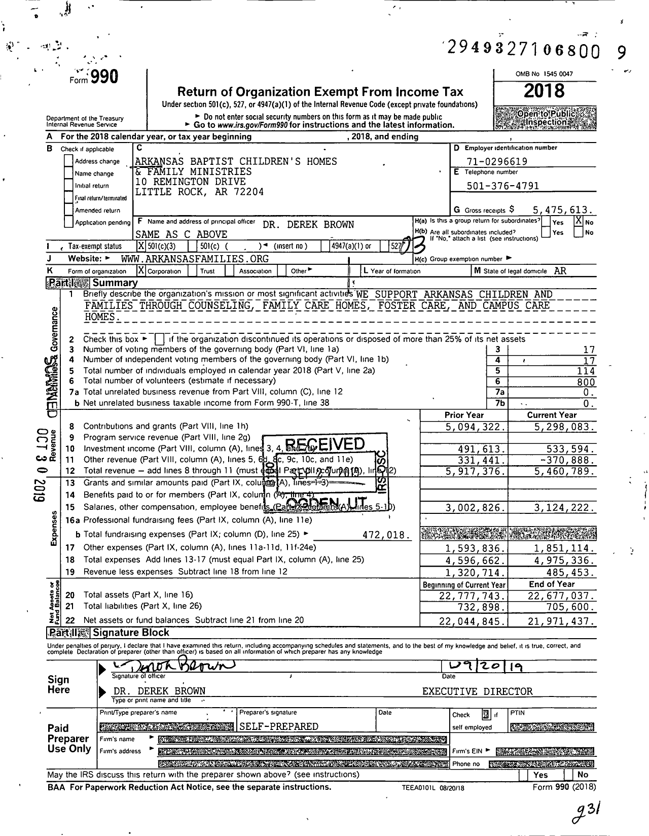 Image of first page of 2018 Form 990 for Arkansas Baptist Childrens Homes and Family Ministries