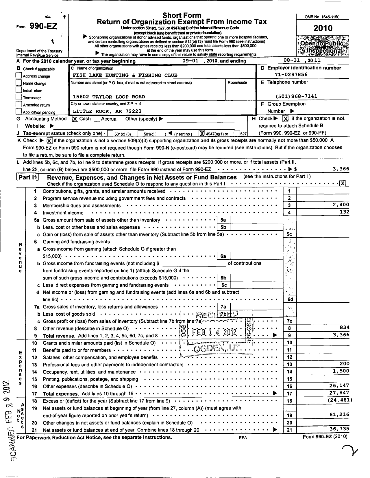 Image of first page of 2010 Form 990EO for Fish Lake Hunting and Fishing Club