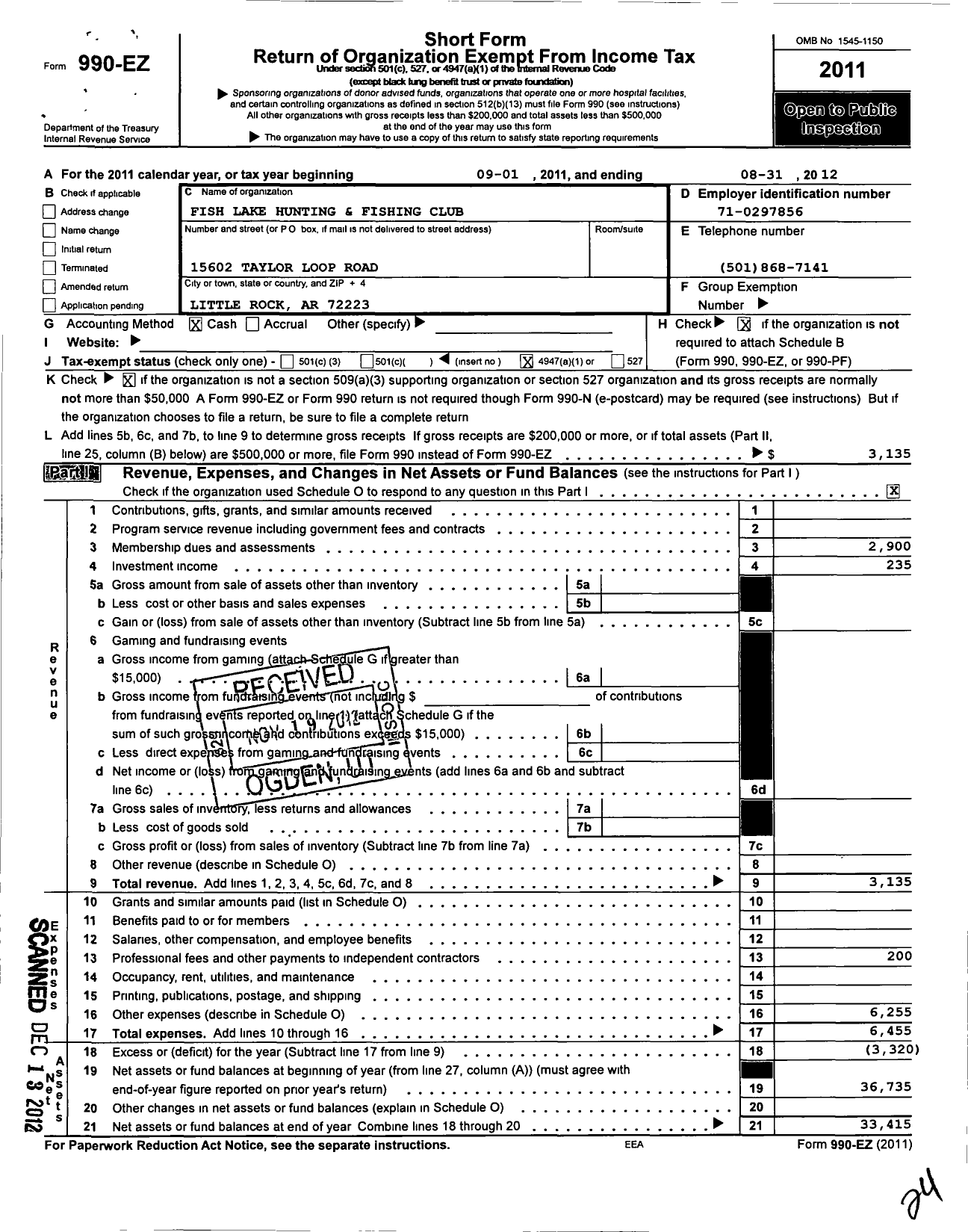 Image of first page of 2011 Form 990EO for Fish Lake Hunting and Fishing Club