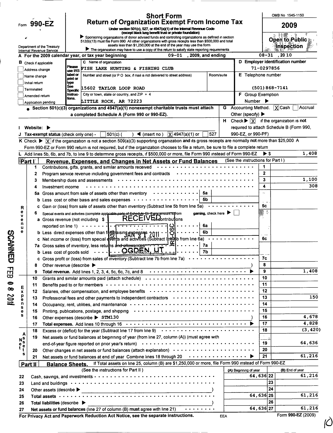 Image of first page of 2009 Form 990EO for Fish Lake Hunting and Fishing Club