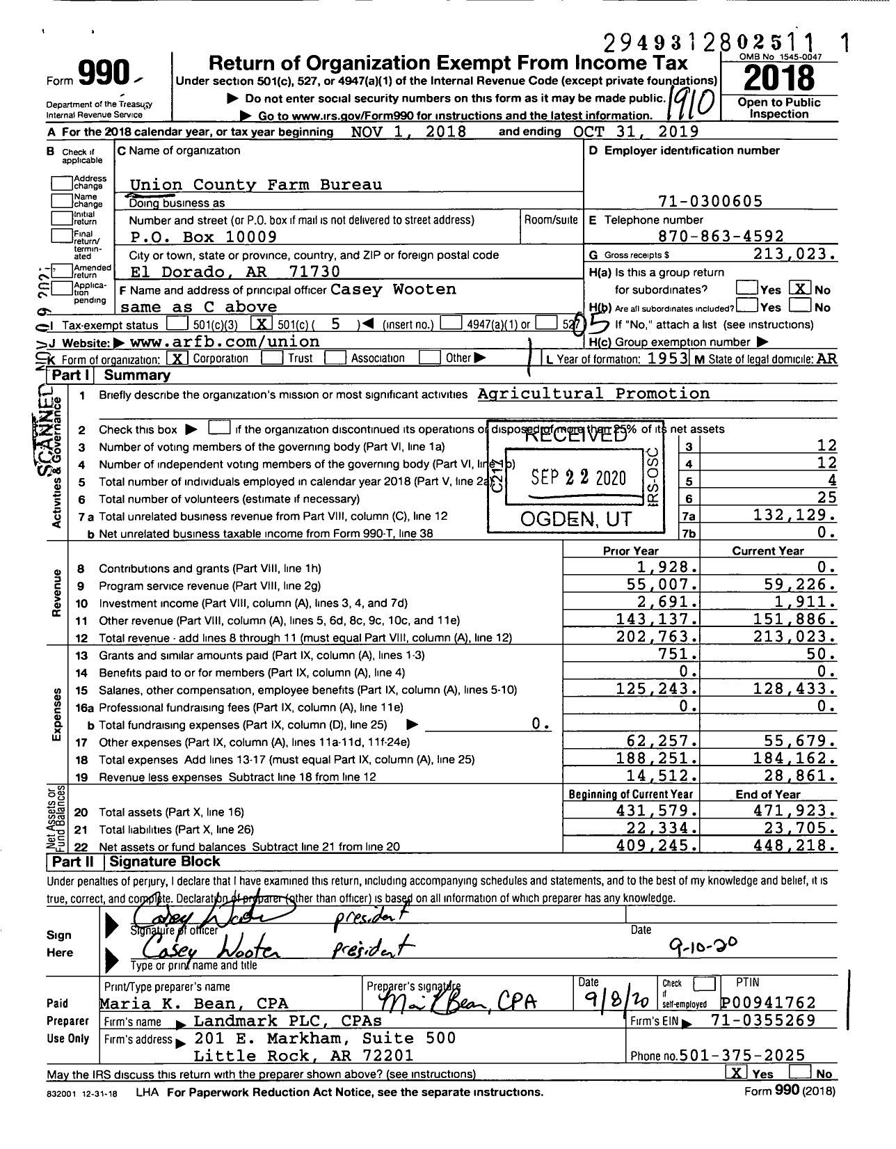 Image of first page of 2018 Form 990O for Union County Farm Bureau