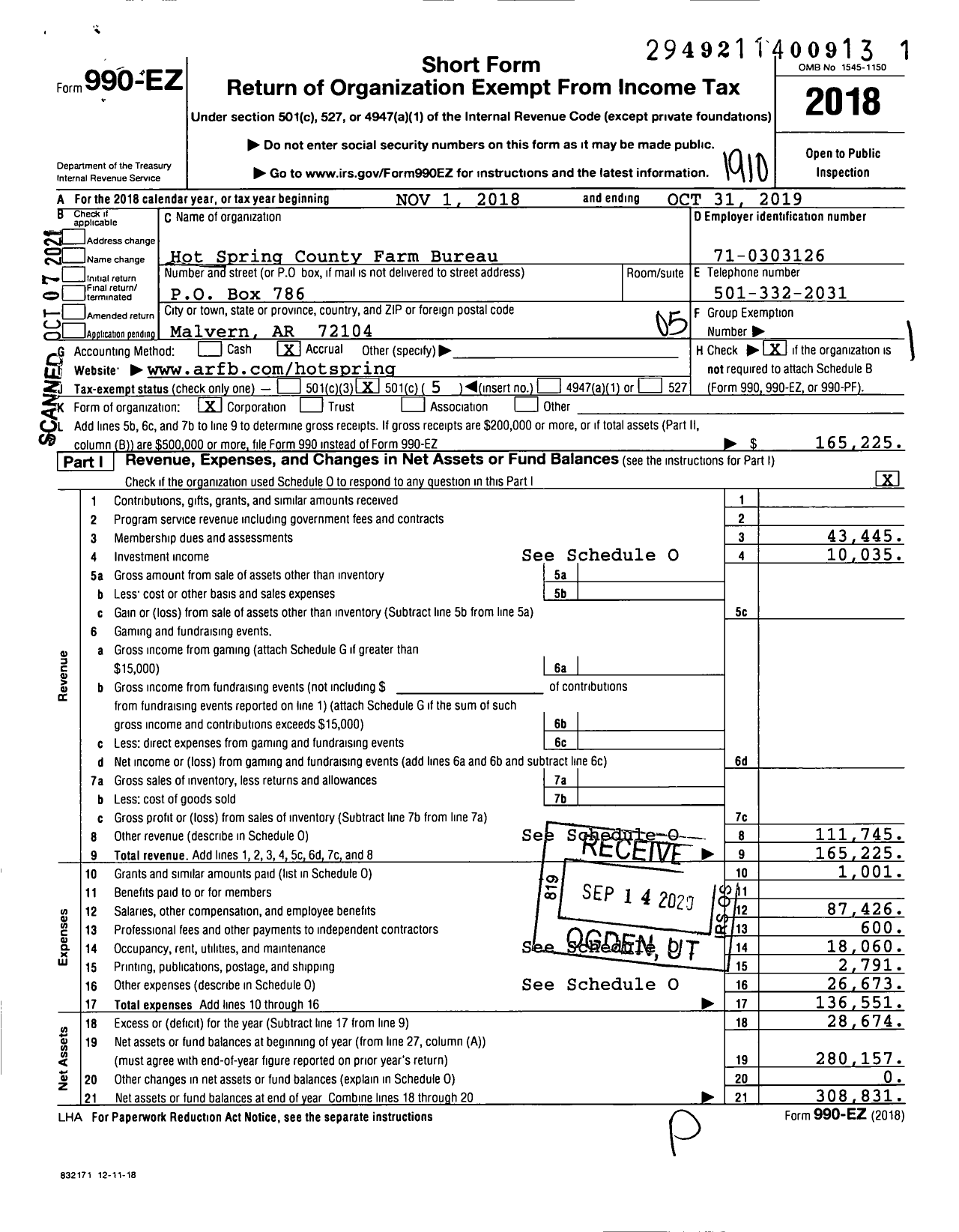 Image of first page of 2018 Form 990EO for Hot Spring County Farm Bureau