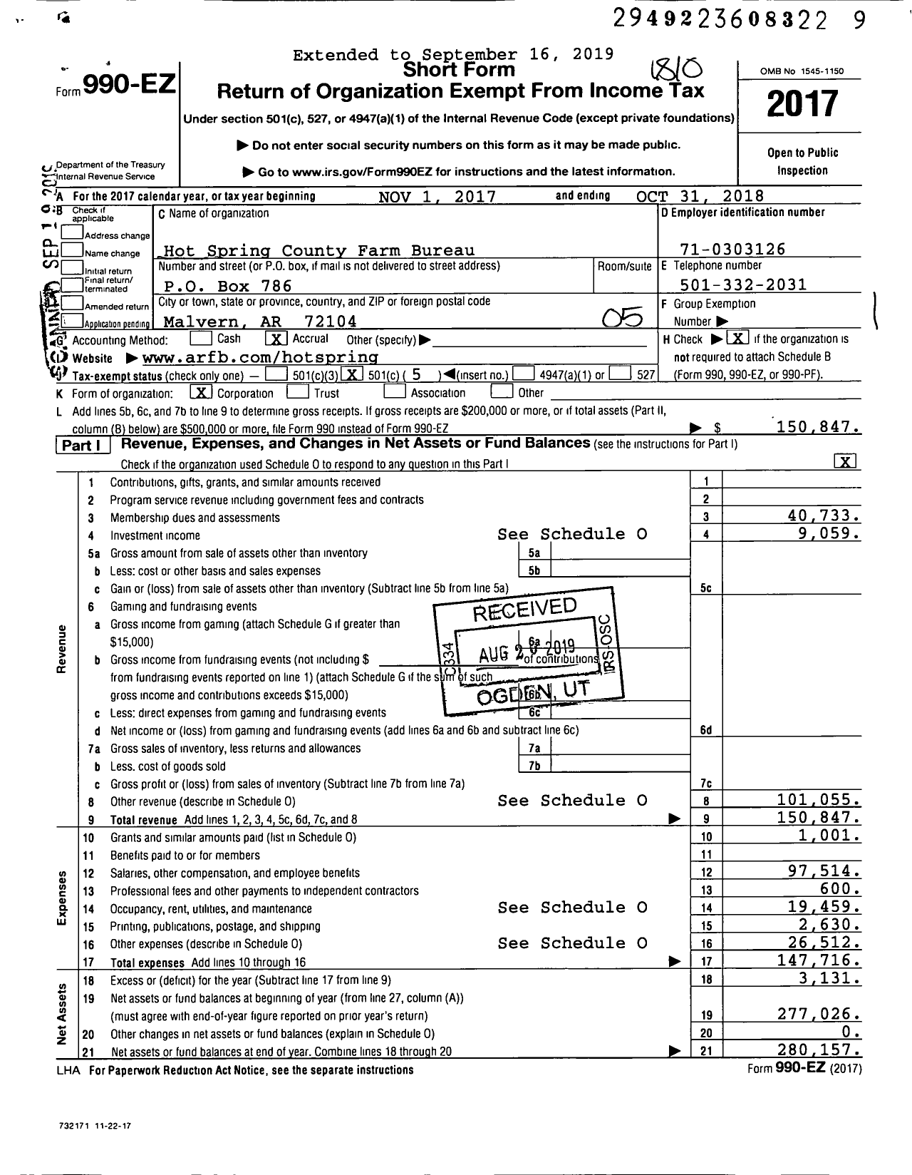 Image of first page of 2017 Form 990EO for Hot Spring County Farm Bureau