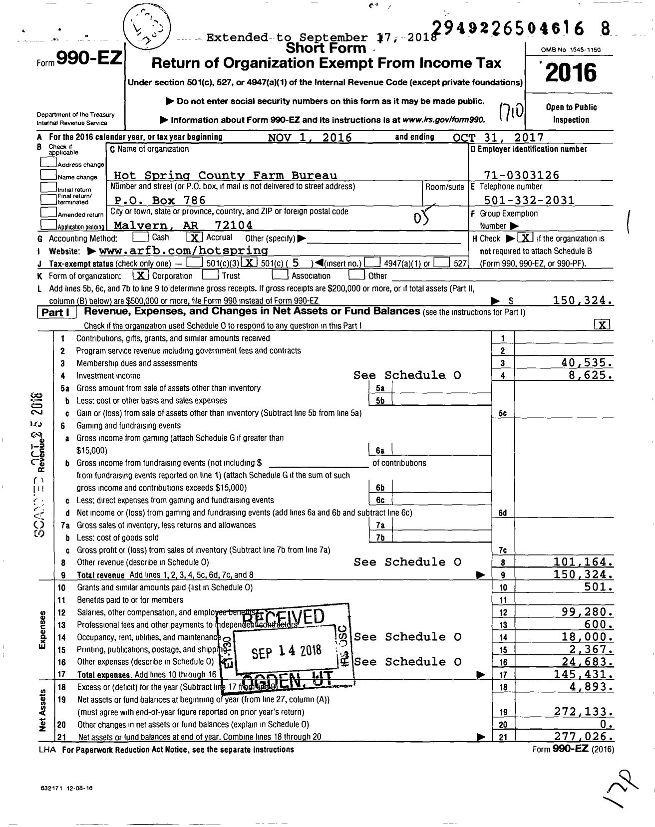 Image of first page of 2016 Form 990EO for Hot Spring County Farm Bureau