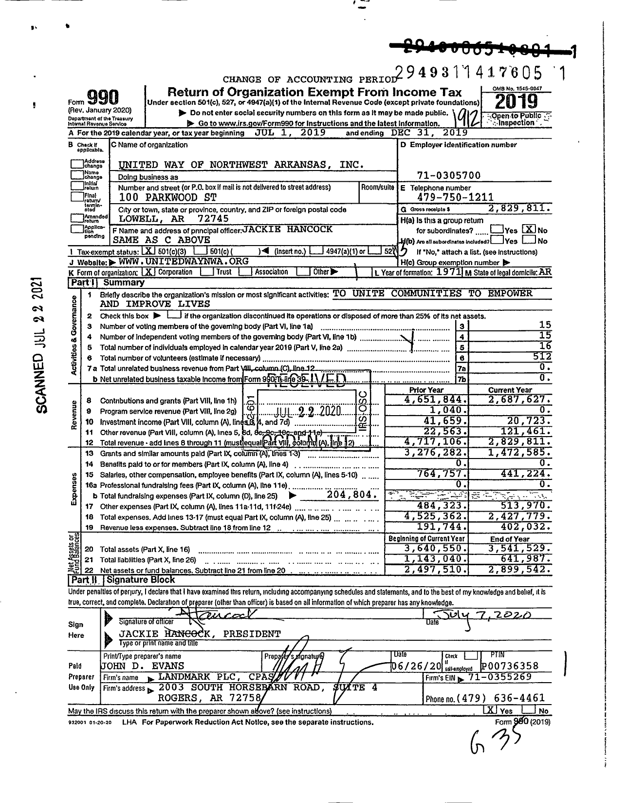 Image of first page of 2019 Form 990 for United Way of Northwest Arkansas