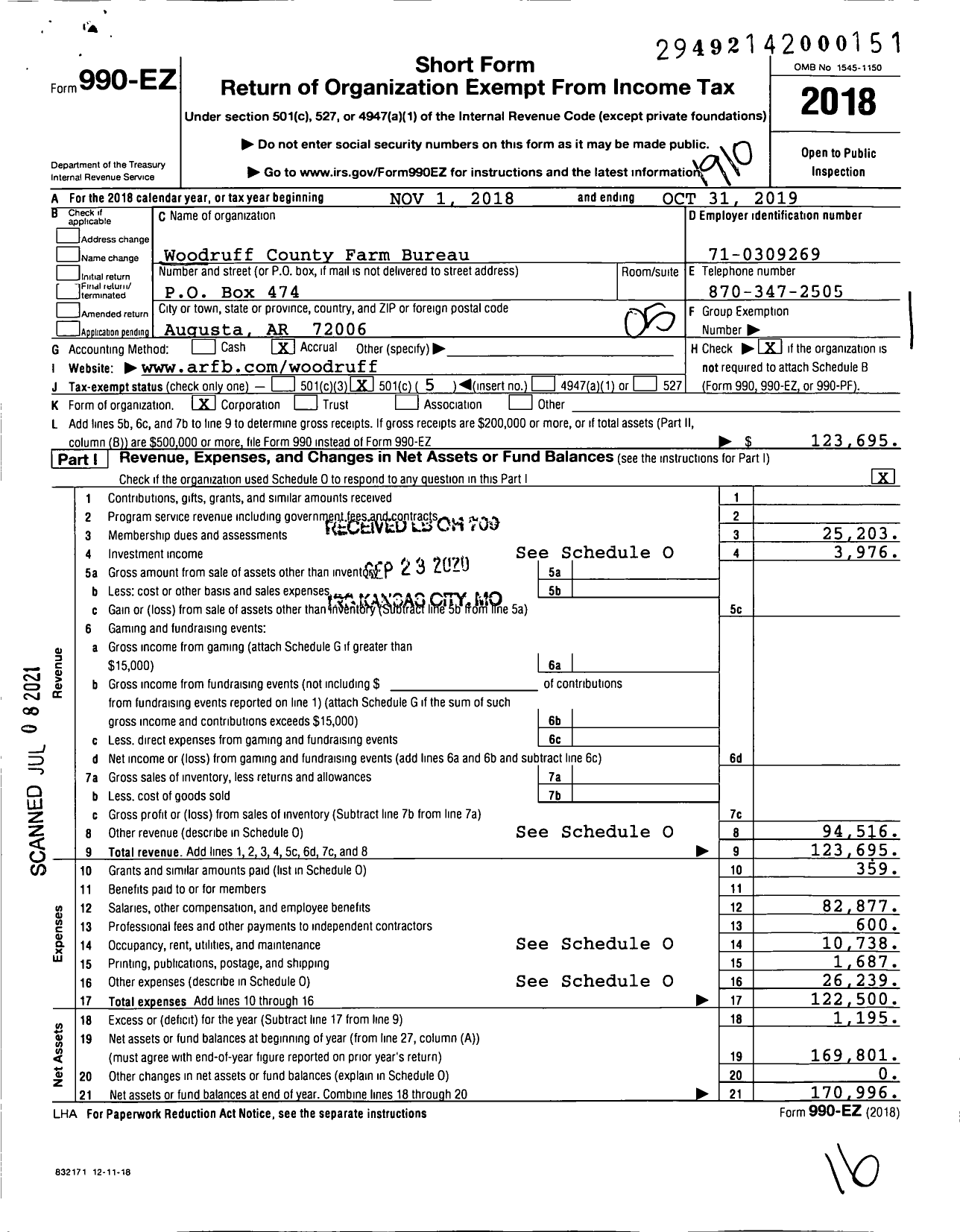 Image of first page of 2018 Form 990EO for Woodruff County Farm Bureau