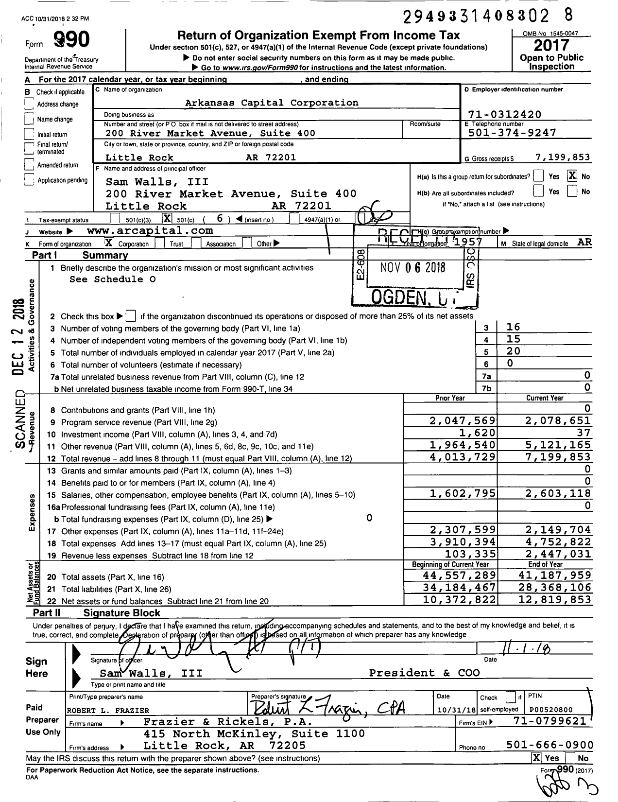 Image of first page of 2017 Form 990O for Arkansas Capital Corporation