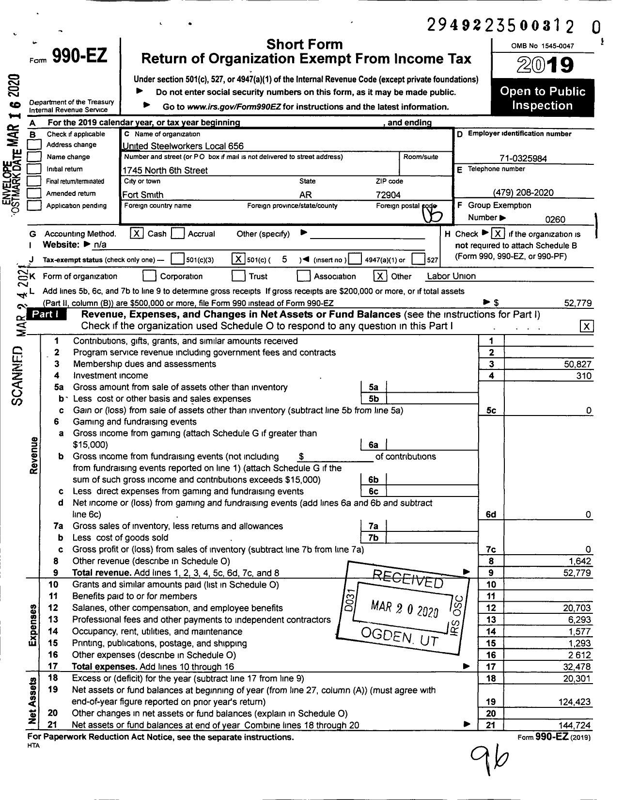 Image of first page of 2019 Form 990EO for United Steelworkers - 13-00656 Local