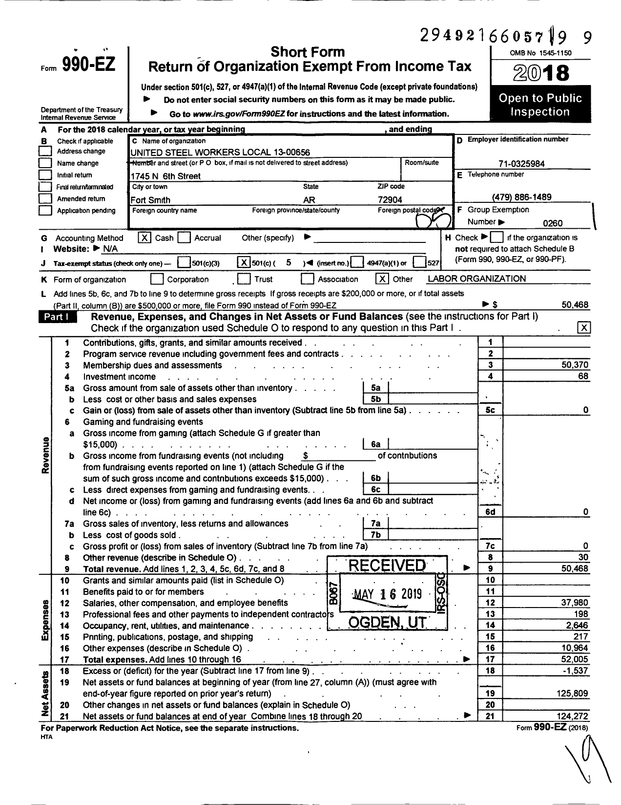 Image of first page of 2018 Form 990EO for United Steelworkers - 13-00656 Local