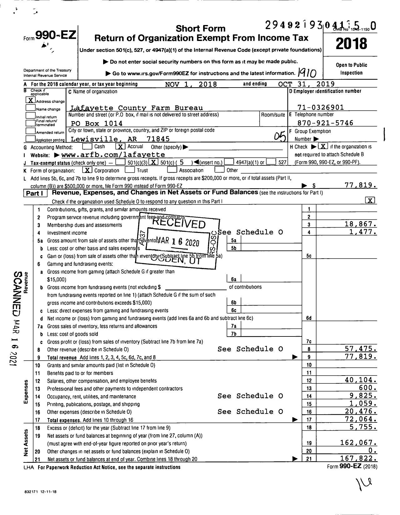 Image of first page of 2018 Form 990EO for Lafayette County Farm Bureau