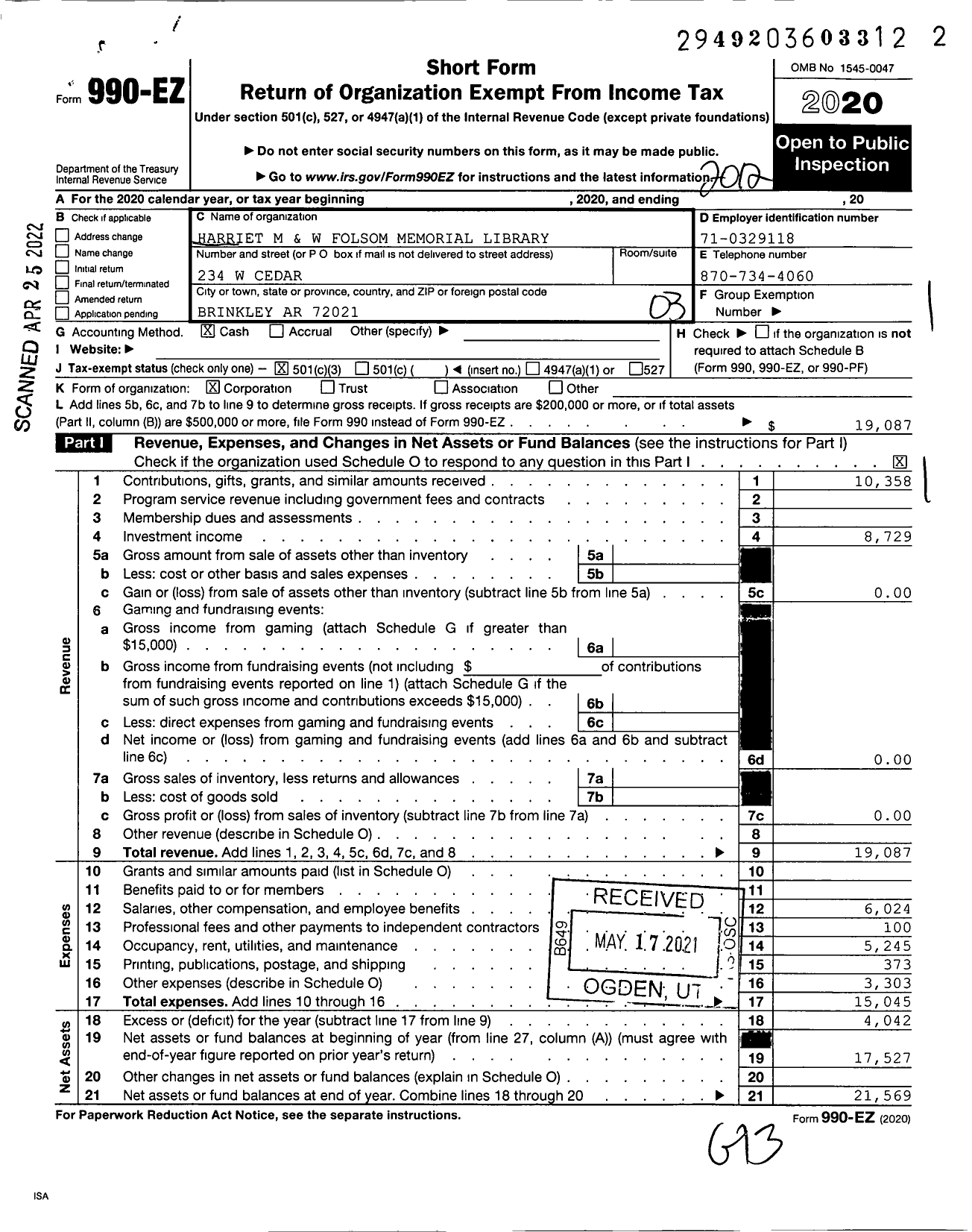 Image of first page of 2020 Form 990EZ for Harriet M and W Folsom Memorial Library