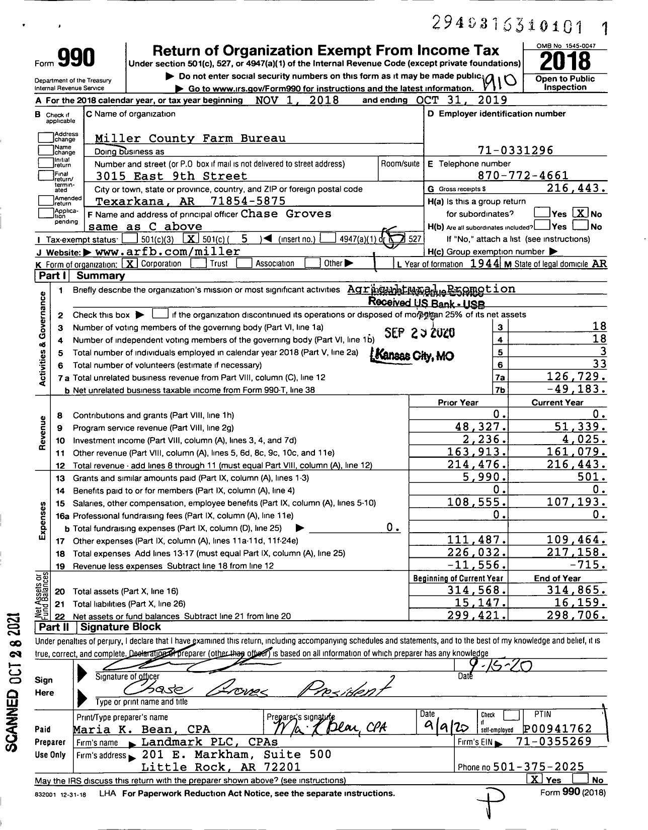 Image of first page of 2018 Form 990O for Miller County Farm Bureau