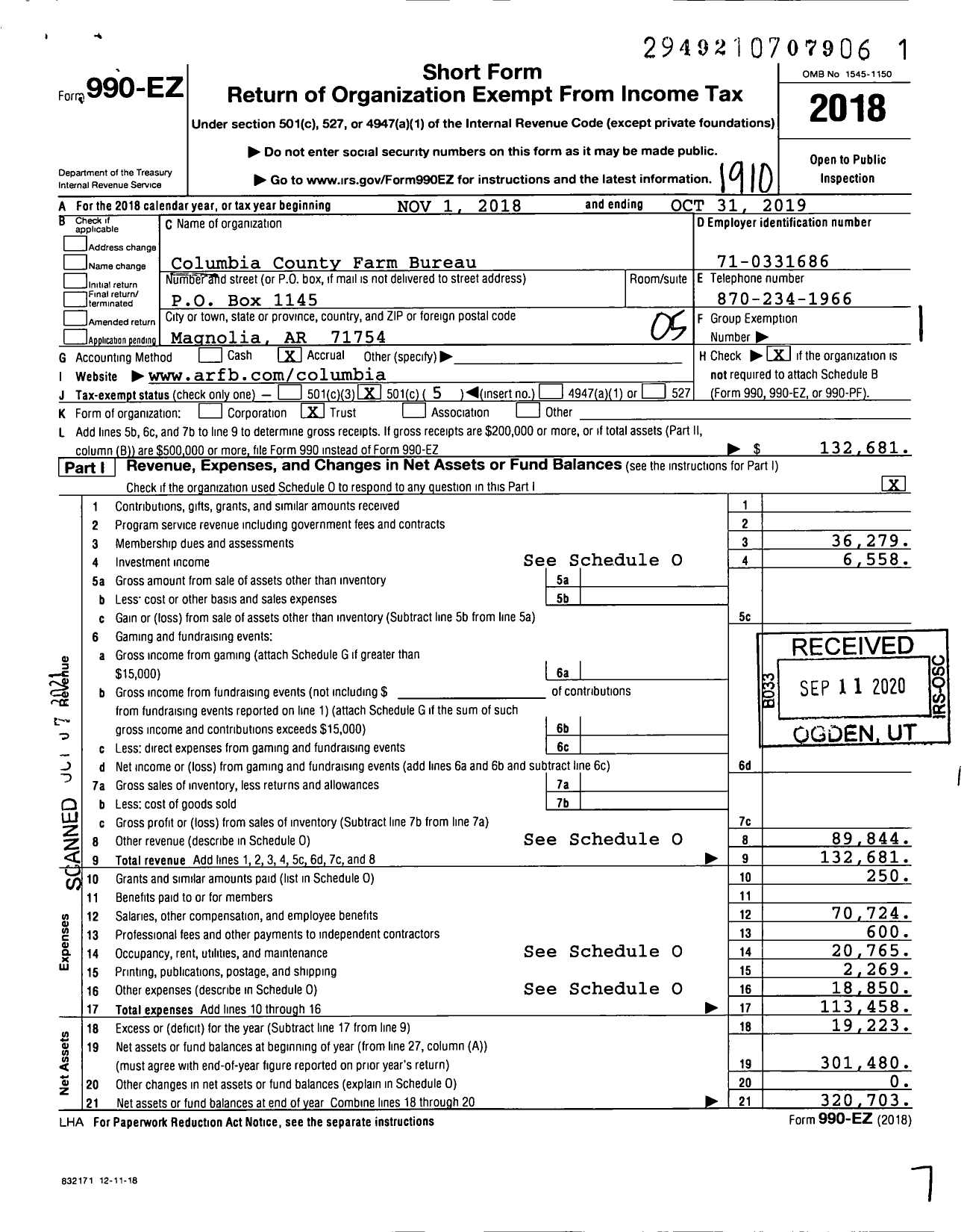 Image of first page of 2018 Form 990EO for Columbia County Farm Bureau